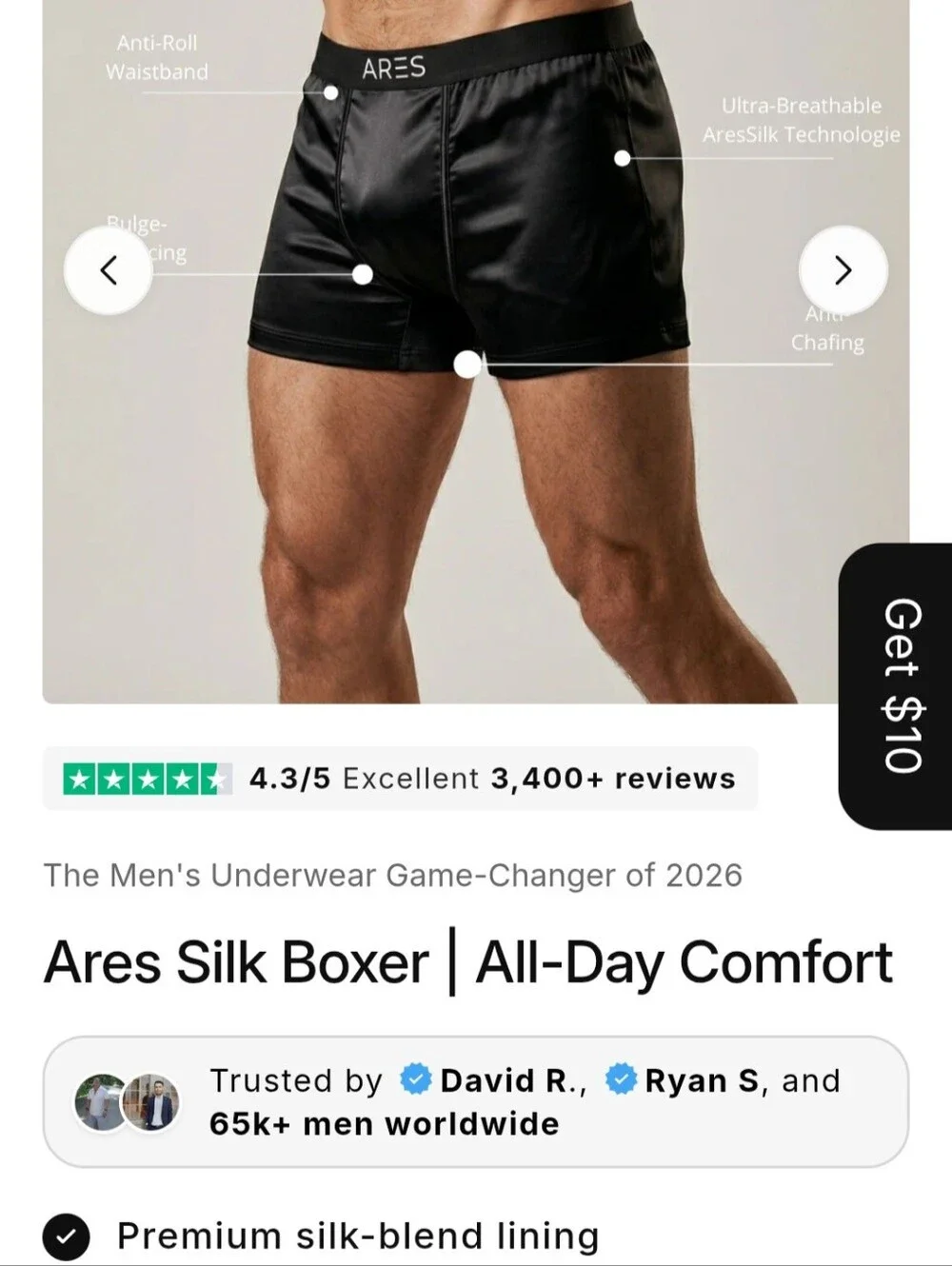 Ares Silk Boxer Briefs Black Size L (Fits Like A M) BRAND NEW